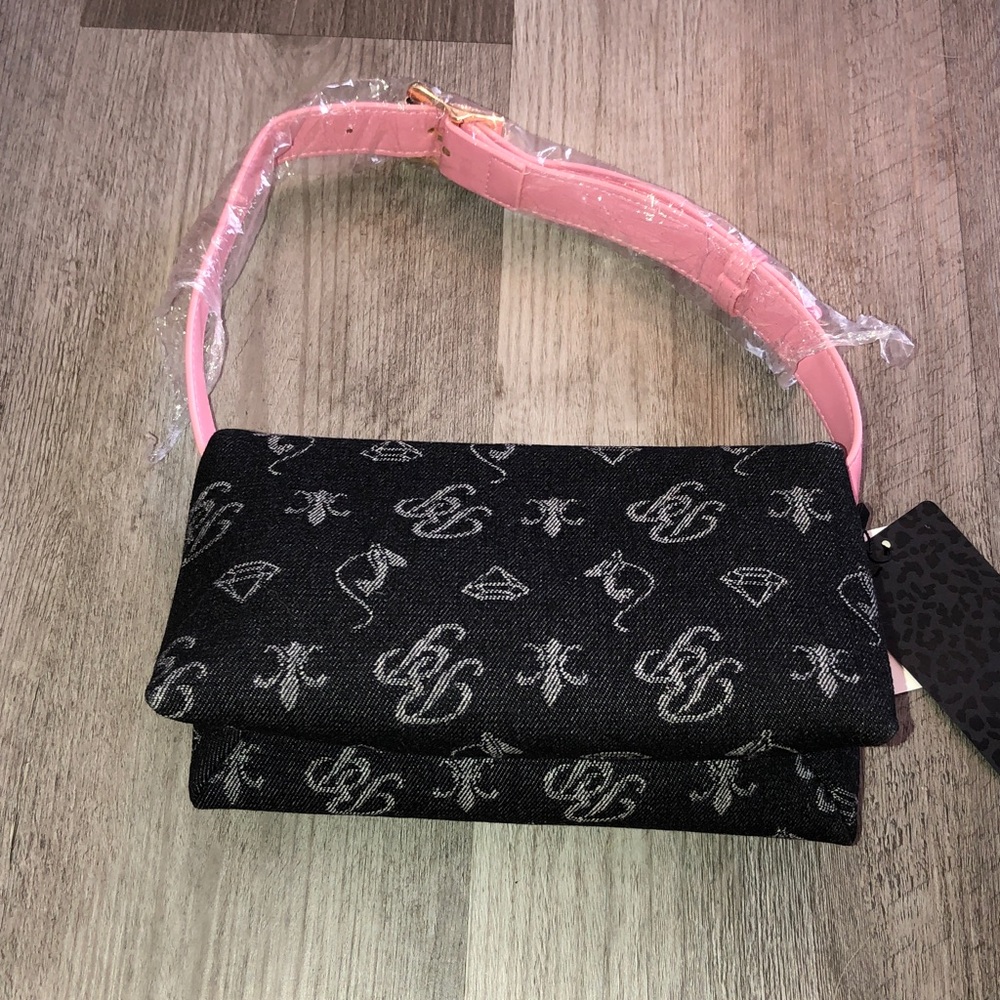 Baby Phat Black Denim & Pink With Monogram Print Flap Shoulder Bag NWT - Picture 9 of 16